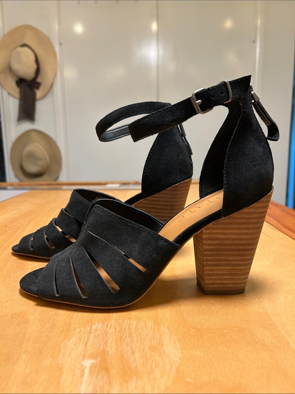 1. State Black Suede Cutout Block Heel Sandal with Ankle Strap